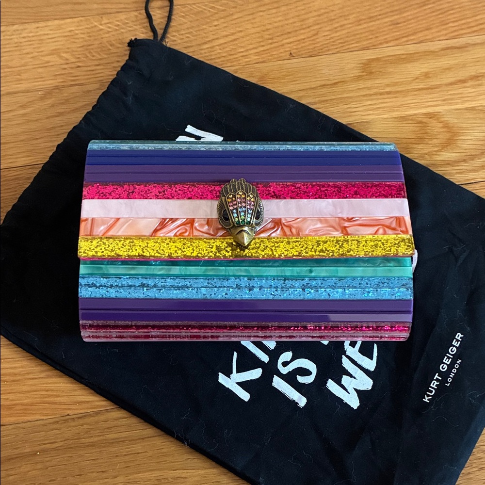 Kurt Geiger Party Eagle Multicolor Striped Clutch with attachable chain